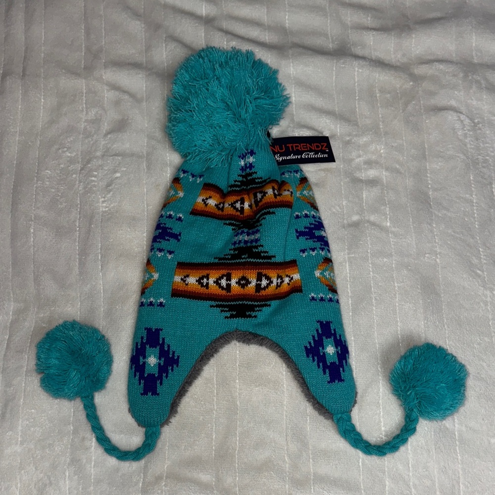 Kids Teal and Blue Pom Pom Hat